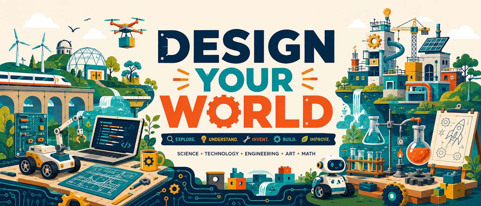 Design Your World banner artwork showing robots, wind turbines, laboratory glassware, a laptop running code and a city built by young engineers
