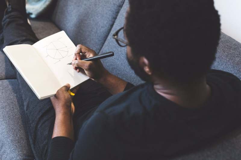 A hand writing and sketching ideas in an open notebook
